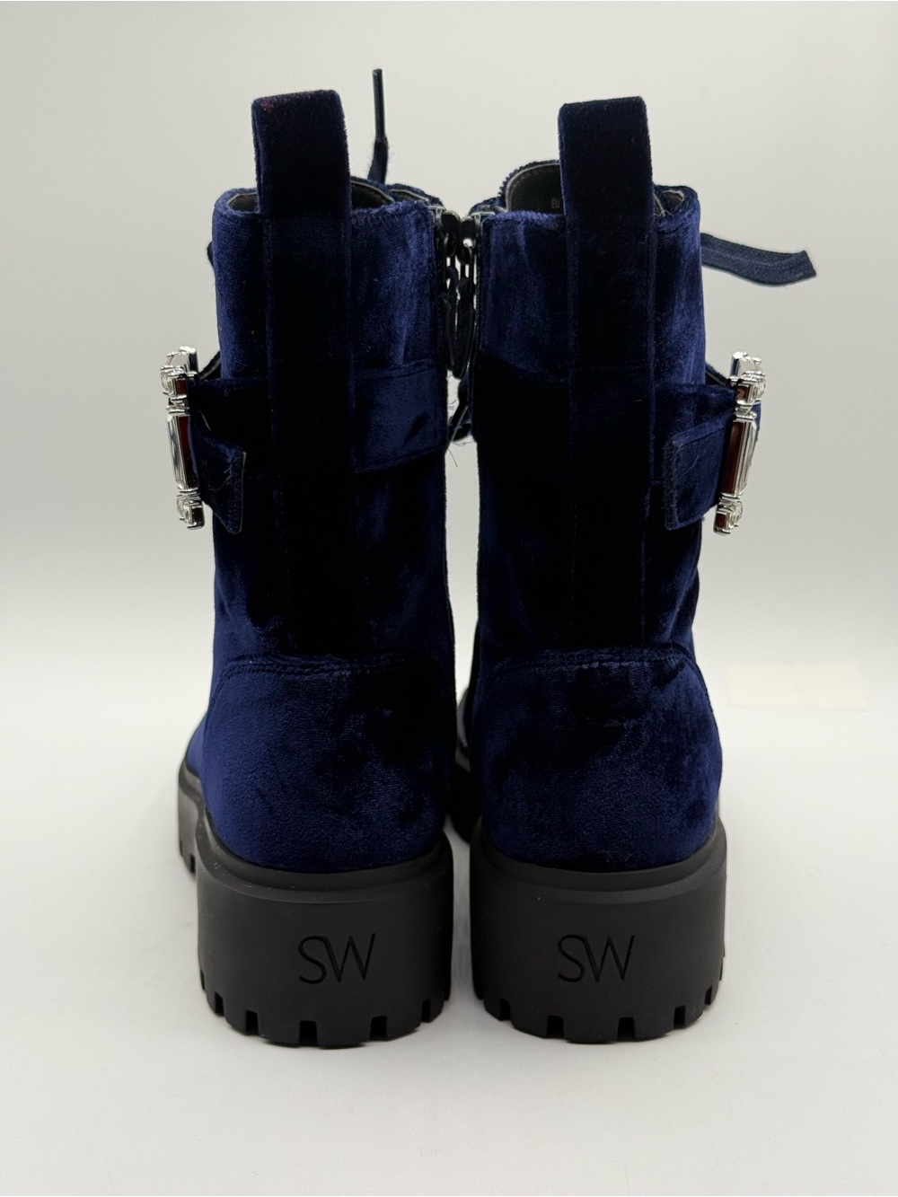 Stuart Weitzman June Velvet Combat Boots Navy Blue Chunky Lug Sole Buckle - Picture 5 of 17